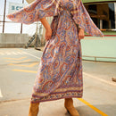 the ANGELIC COWGIRL - Paisley Print V-Neck Dress, Casual Long Sleeve Dress for Spring/Fall
