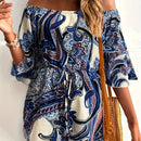 the PAISLEY ROMPER - Paisley Print Off Shoulder Romper Jumpsuit, Vacation Bell Sleeve Cinched Waist Romper Jumpsuit, Women's Clothing
