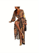 the BAROQUE BOHO WRAP - Women's Bohemian Vintage Maxi Dress - Long Sleeve V-Neck, Tropical Paisley Print with Lace Trim, Lightweight Polyester, Perfect for Travel, Vacations, Parties & Gifts