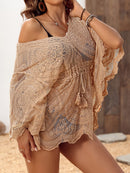 the BEIGE BOHO - Boho Chic Khaki Embroidered Floral Cover-Up Dress, V-Neck, Batwing Sleeves, Semi-Sheer Mesh Knit, Tie Waist, Perfect for Beach Vacations, Casual Outings & Music Festivals, Dresses for Beach