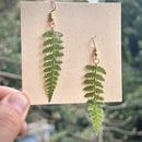 the FERNGULLY - Handcrafted Real Dried Leaf Resin Earrings - Bohemian Style Green Fern Leaf Design with Golden Hook, Unique Handmade Jewelry for Women, Perfect for Casual Attire or Parties, All-Season Accessory