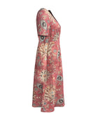 the FADED BOHO - Women's Bohemian Floral Print V-Neck Maxi Dress - Short Sleeve, Casual & Elegant for Vacation or Outing, Pink with Yellow & Blue Accents, Polyester Blend, Lightweight & Flowy Design