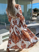 the ELEGANT LADY - Bohemian Style Women's Long Maxi Dress, Polyester V-Neck with Lantern Sleeves, Pop Print Pattern, Fitted Waist, No Belt, for All Seasons