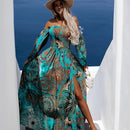 the TEAL PEACOCK - Elegant Off-Shoulder Long Sleeve Dress with Tribal Print - Shirred Waist, Loose Fit, Woven Polyester, Vacation Style for Women - All Seasons