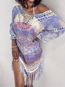 the BEACH BOHO - Women's Bohemian Crochet Fringe Hem Cowl Neck Dress - Lightweight Tie-Dye Pattern, Long Sleeve Casual Summer Dress for Beach Outings & Festivals, Festival Attire | Intricate Craftsmanship