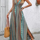 the STRIPED SUMMER - Vacation Style V-Neck Maxi Dress, Polyester Floral and Striped Print, Sleeveless Summer Waist Fitted Long Dress with Cross Hem