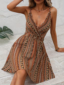 the BRONZED BOHO - Chic Boho Chic Cross-Front Allover Print Cami Dress - Sleeveless, V-Neck, Polyester, Machine Washable - Perfect for Summer Vacations