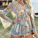 the PATCHWORK BOHO BLOUSE - Floral Print Tie Front Blouse, Elegant Flare Sleeve Lettuce Trim Plunging Neck Blouse for Summer & Spring, Women's Clothing