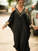 the KAFTAN BOHO - Plus Size Maroon V-Neck Kaftan Dress with Cold Shoulder Batwing Sleeves - Casual & Elegant Beach Cover-Up, Detail, Mid-Length for Women, Beach Dress