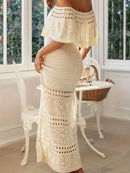 the CROTCHED BOHO - Women's Bohemian Off-Shoulder Strapless Knit Dress - Lightweight 100% Polyester Long Flowy Maxi with Adjustable Waist Tie & Geometric Lace Cut-Outs, Semi-Sheer Boho Chic Resort Dress for Spring/Summer Vacation, Vacation Attire