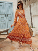 the ORANGE OASIS - Bohemian Floral Print Maxi Dress with Flutter Sleeves and Lace-Up Waist - Long V-Neck Wrap Dress for Women, Perfect for Vacation and Casual Wear, Bohemian Style