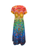 the RAINBOW GEOMETRIC BOHO - Women's Vibrant Floral Print V-Neck Maxi Dress - Short Sleeve, Loose Fit, Perfect for Spring/Summer Vacations, Lightweight Polyester Blend, Casual Style