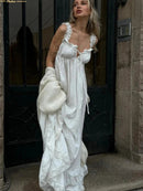 the WHITE WHISPER - Women's Summer Boho Dress, Square Neck Strapped A-Line Maxi Sundress Solid Color Ruffle Beach Long Dresses