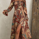 the PAISLEY PARADISE - Paisley Print Square Neck Dress, Elegant Long Sleeve Split Hem Slim Dress For Spring & Fall, Women's Clothing