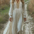 the BOHO WEDDING - Elegant Bohemian Vintage Lace-Trim High-Waist A-Line Maxi Dress for Women - Long Sleeve, V-Neck, Lightweight Polyester, Perfect for Spring & Fall