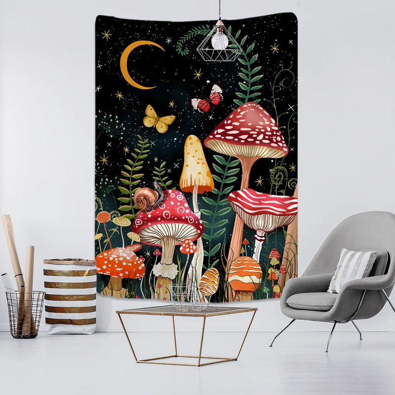 the PLANET MUSHROOM - Cartoon Planet Mushroom Tapestry Wall Hanging, Psychedelic Abstract Boho Kawaii Bedroom/Living Room/Bedroom Decor