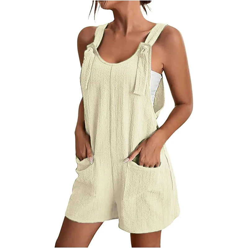 2024 Fashion Women Loose Style Overalls Boho Solid Color Playsuit Sleeveless Rompers Summer Casual Clothes Jumpsuit with Pockets