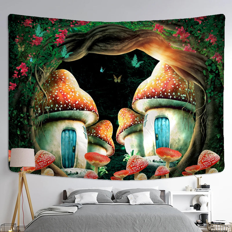 the PLANET MUSHROOM - Cartoon Planet Mushroom Tapestry Wall Hanging, Psychedelic Abstract Boho Kawaii Bedroom/Living Room/Bedroom Decor