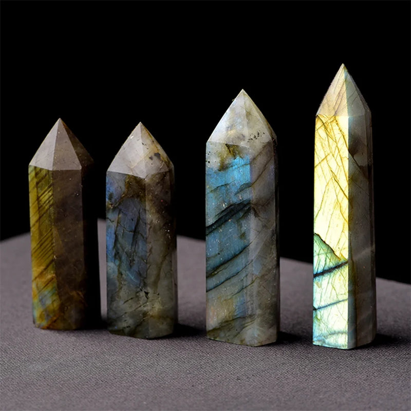 the OBELISK - Natural Labradorite Quartz Hexagonal Prisms Obelisk Crystal Column Wand Point Healing Treatment Stone Gifts