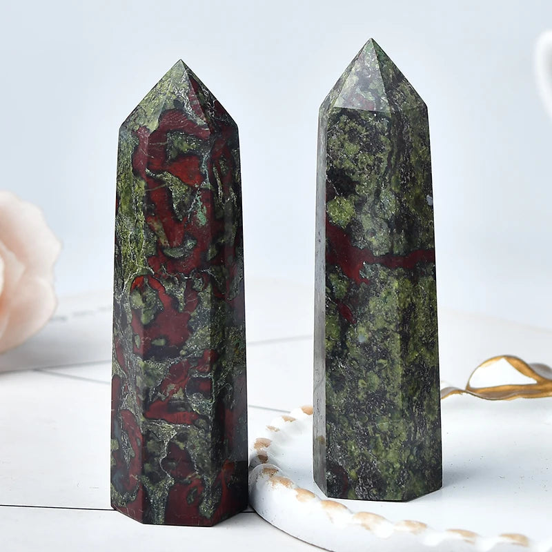 the DRAGON BLOOD STONE - 1PC Natural Dragon Blood Stone, Crystal Point Reiki Healing Stone, Hexagonal Prisms Obelisk Wand, Tower Energy Meditation Gift