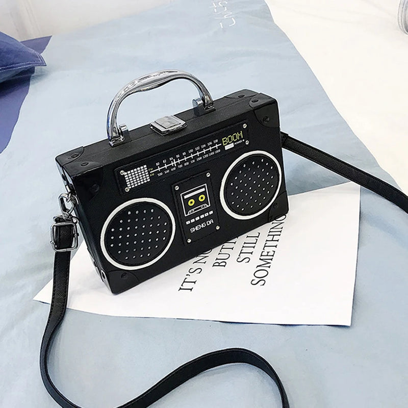 the BOOMBOX BAG - Unique Retro Radio Box Bag, Ladies Leather Handbag Shoulder Bag. Metal Handle Purse, Women's Crossbody Messenger