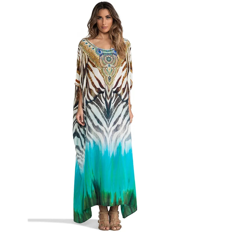 2023 Bohemian Printed V-neck Batwing Sleeve Long Loose Summer Dress For Women Clothes  Streetwear Moroccan Caftan Q831