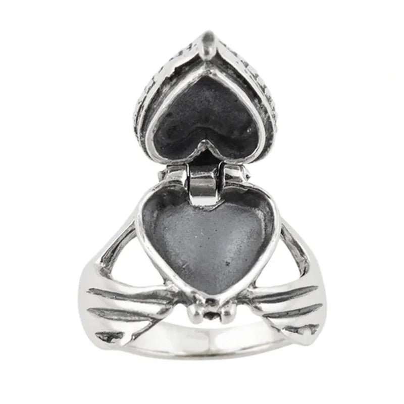 the TREASURE TROVE - Unique Heart Love in Hand Locket Coffin Ring, Secret Small Room Openable Lid Ring for Men/Women Jewelry