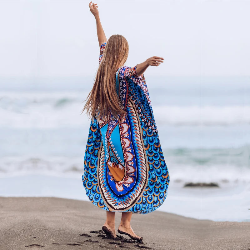 2023 Bohemian Printed V-neck Batwing Sleeve Long Loose Summer Dress For Women Clothes  Streetwear Moroccan Caftan Q831