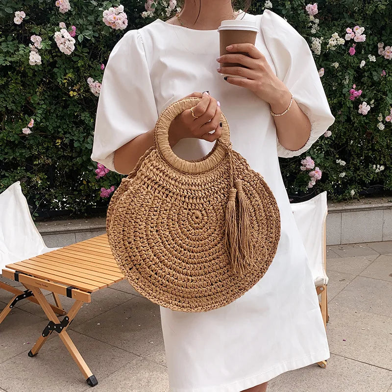 the WOVEN BAG - Straw Bag Rattan Woven Round Tassel Handbag for Women, Large Capacity Shoulder Tote Purse, Ladies Holiday Wood Handle Shopping Bag