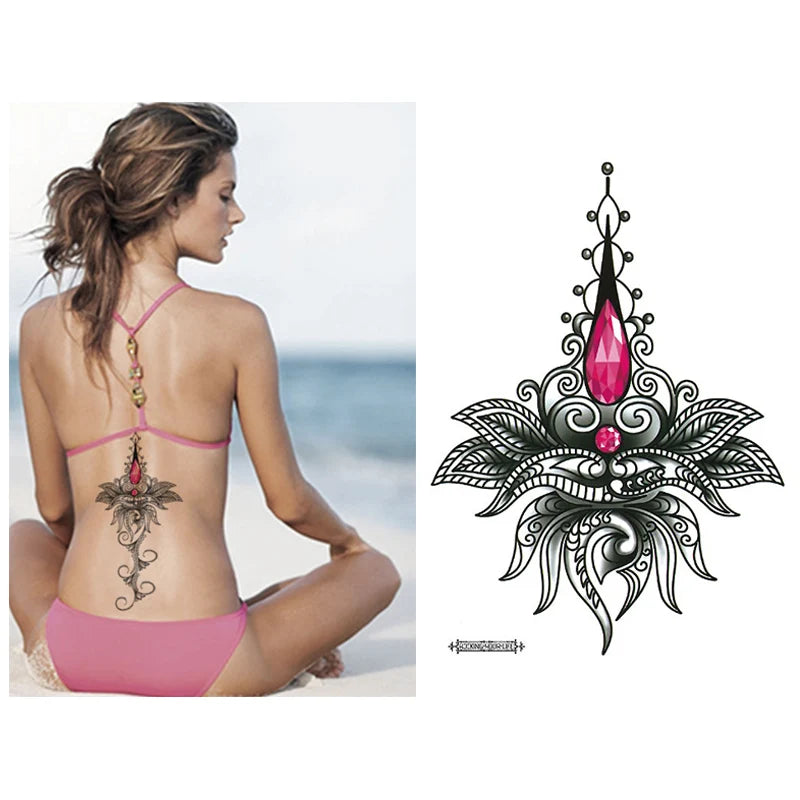 1 PIECE Under Boob Sternum Temporary Tattoo with Unalone, Spiritual Symbols,Loutus Pattern Body Art Sexy Waist Tattoo For Girl