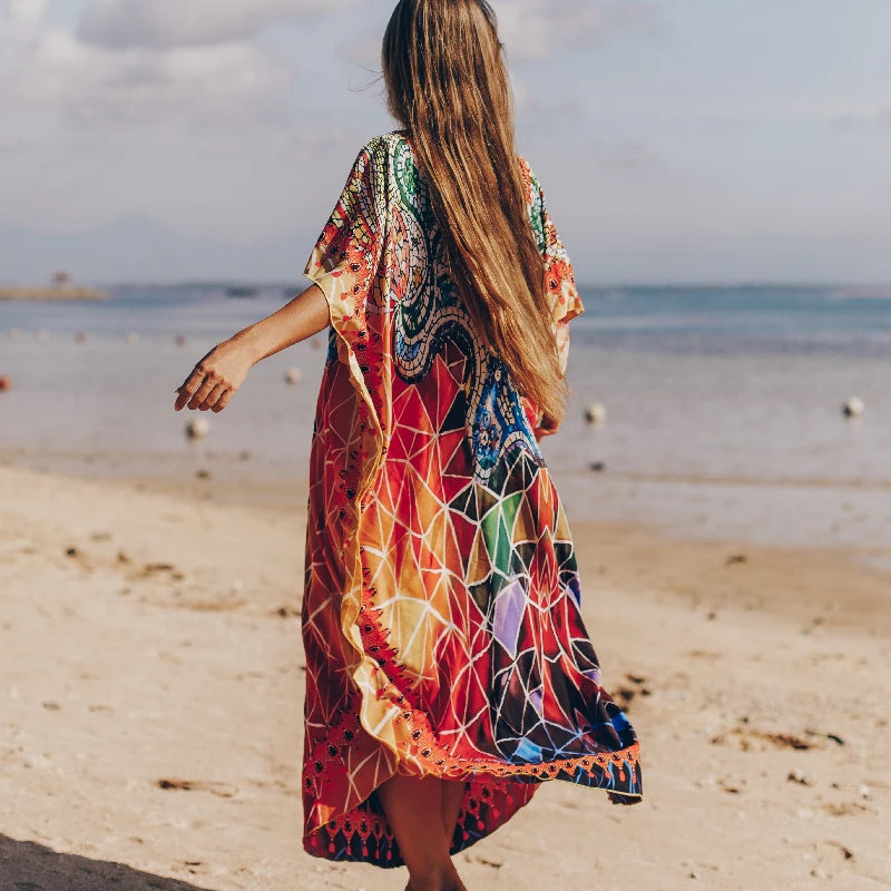 2023 Bohemian Printed V-neck Batwing Sleeve Long Loose Summer Dress For Women Clothes  Streetwear Moroccan Caftan Q831