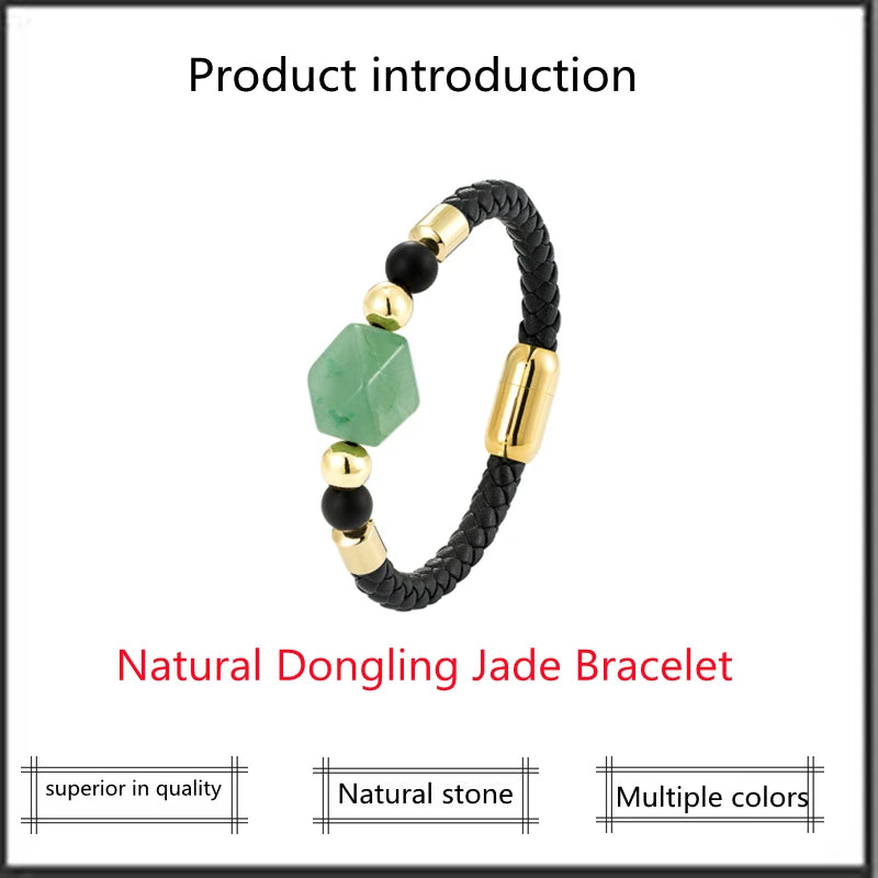 Geometric Dongling Jade Natural Stone Energy Bracelet OL Style New Design 316L Stainless Steel Leather Rope Bracelet for Women