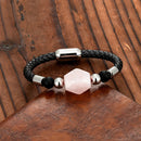 the HOLOGRAM - Geometric Natural Pink Crystal Energy Bracelet, Stainless Steel Leather Rope Bracelet