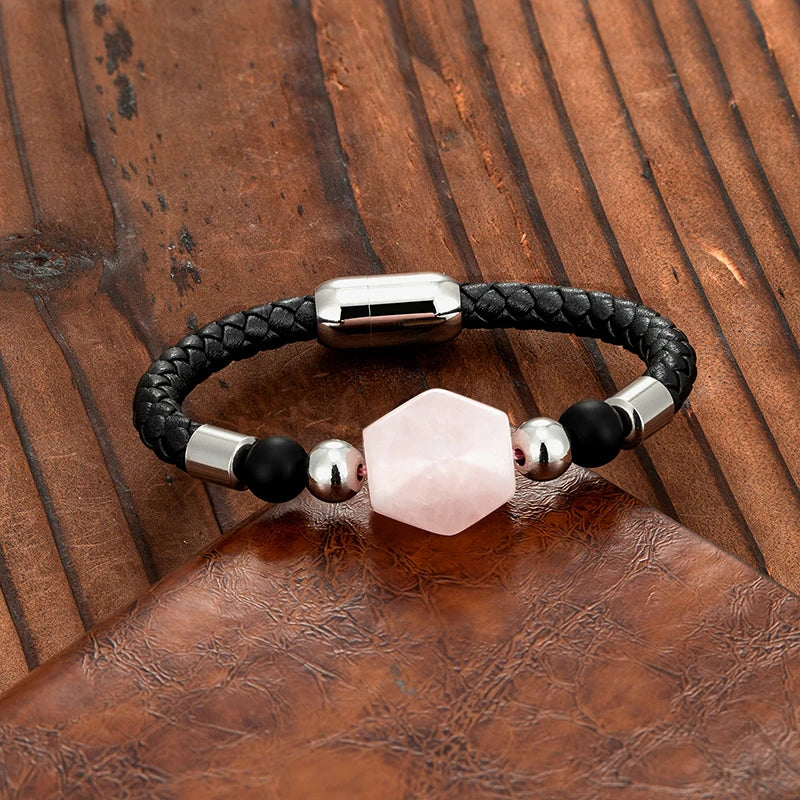 Geometric Natural Pink Crystal Energy Bracelet OL Style New Design 316L Stainless Steel Leather Rope Ladies Bracelet