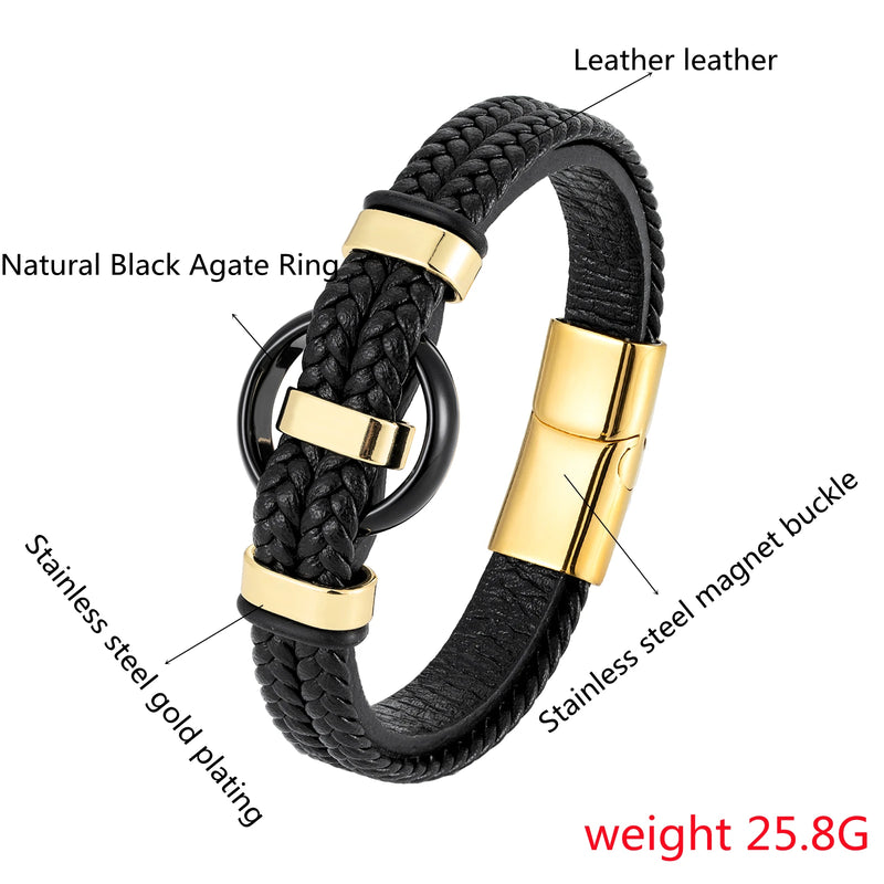 New Circle Natural Black Agate Charm Jewelry Men's Bracelet 3 Wavy Design Leather Rope 316L Stainless Steel Bracelet Gift