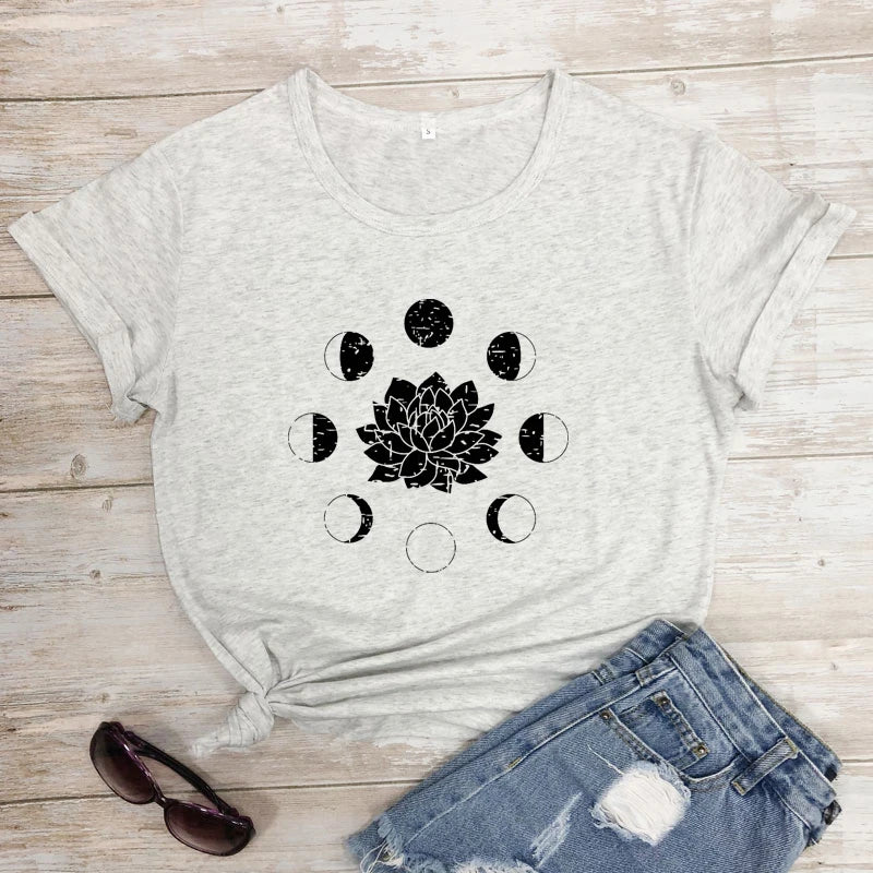 Mystical Moon Phases Lotus Flower T-shirt Aesthetic Women Spiritual Yoga Tshirt Funny Astrology Hippie Graphic Tees Tops