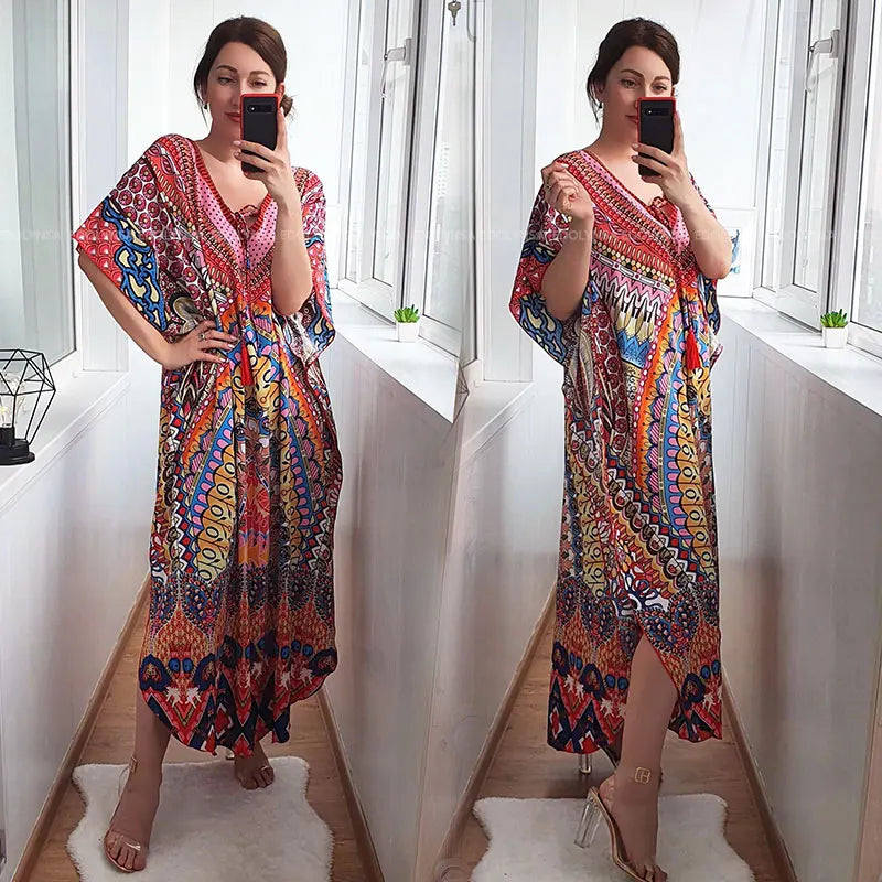 2023 Bohemian Printed V-neck Batwing Sleeve Long Loose Summer Dress For Women Clothes  Streetwear Moroccan Caftan Q831