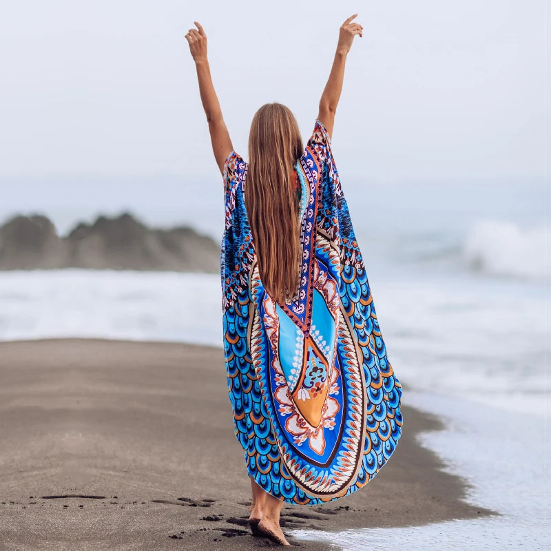 2023 Bohemian Printed V-neck Batwing Sleeve Long Loose Summer Dress For Women Clothes  Streetwear Moroccan Caftan Q831