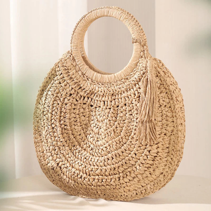 the WOVEN BAG - Straw Bag Rattan Woven Round Tassel Handbag for Women, Large Capacity Shoulder Tote Purse, Ladies Holiday Wood Handle Shopping Bag