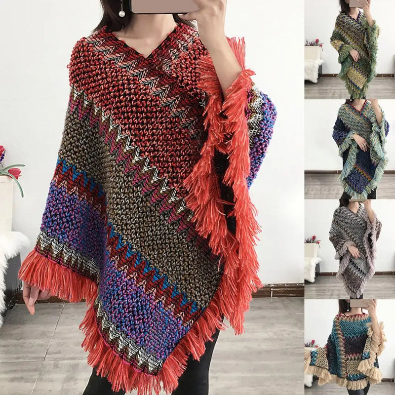 Women Cape Coat Temperament Bohemian Thick for Daily Wear Poncho Coat Autumn Knitted Coat