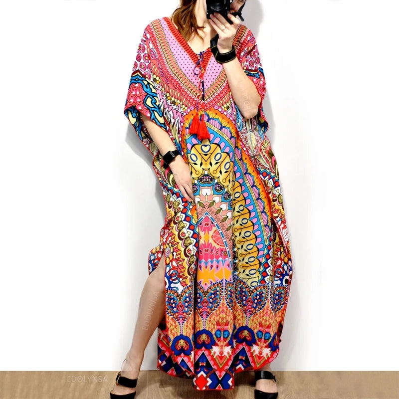 2023 Bohemian Printed V-neck Batwing Sleeve Long Loose Summer Dress For Women Clothes  Streetwear Moroccan Caftan Q831