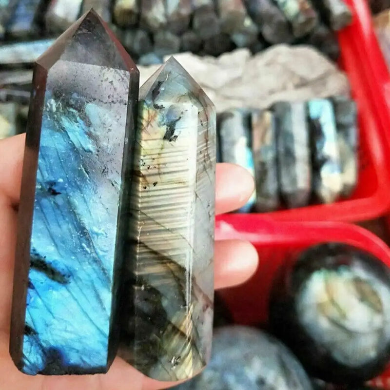 the OBELISK - Natural Labradorite Quartz Hexagonal Prisms Obelisk Crystal Column Wand Point Healing Treatment Stone Gifts