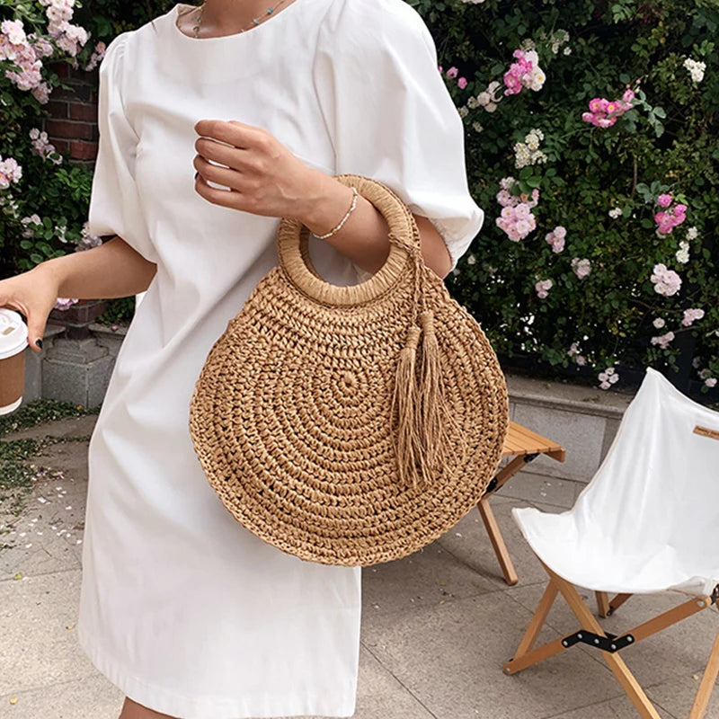 the WOVEN BAG - Straw Bag Rattan Woven Round Tassel Handbag for Women, Large Capacity Shoulder Tote Purse, Ladies Holiday Wood Handle Shopping Bag