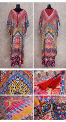 the BOHO KAFTAN - Bohemian Printed V-Neck Batwing Sleeve Long Loose Summer Moroccan Kaftan Dress for Women