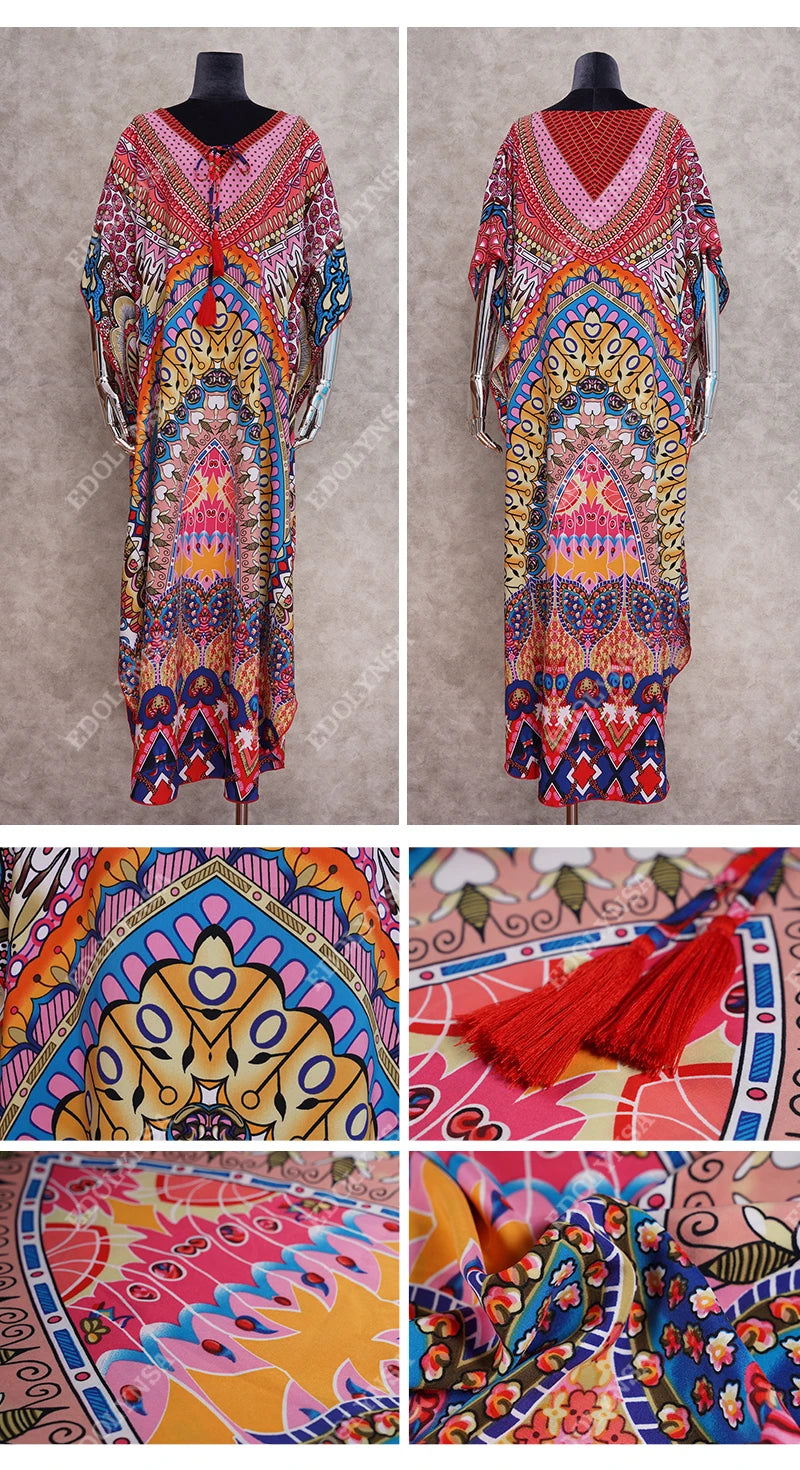 2023 Bohemian Printed V-neck Batwing Sleeve Long Loose Summer Dress For Women Clothes  Streetwear Moroccan Caftan Q831