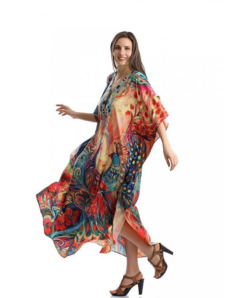 2023 Bohemian Printed V-neck Batwing Sleeve Long Loose Summer Dress For Women Clothes  Streetwear Moroccan Caftan Q831