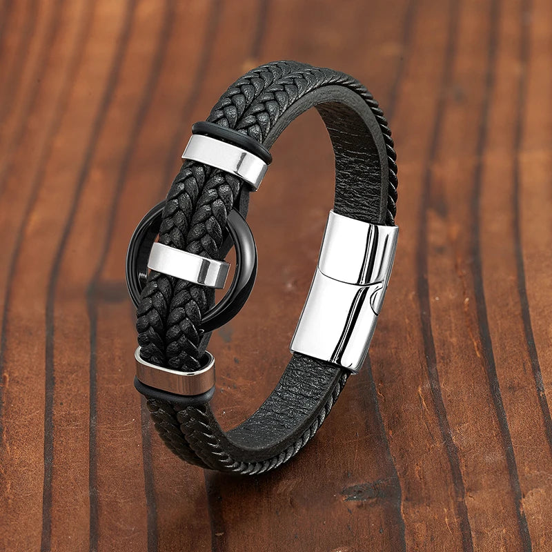 New Circle Natural Black Agate Charm Jewelry Men's Bracelet 3 Wavy Design Leather Rope 316L Stainless Steel Bracelet Gift