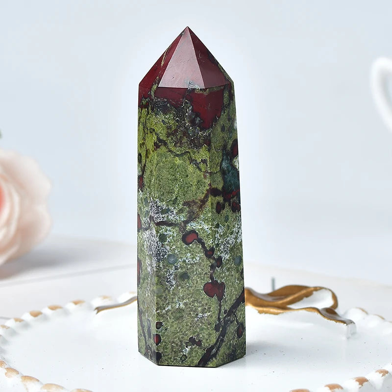 the DRAGON BLOOD STONE - 1PC Natural Dragon Blood Stone, Crystal Point Reiki Healing Stone, Hexagonal Prisms Obelisk Wand, Tower Energy Meditation Gift