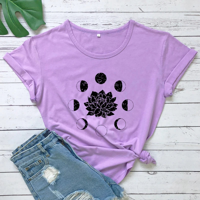 Mystical Moon Phases Lotus Flower T-shirt Aesthetic Women Spiritual Yoga Tshirt Funny Astrology Hippie Graphic Tees Tops