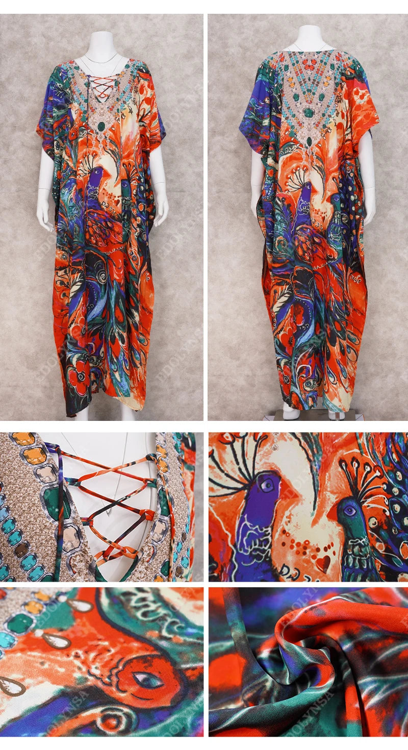 2023 Bohemian Printed V-neck Batwing Sleeve Long Loose Summer Dress For Women Clothes  Streetwear Moroccan Caftan Q831